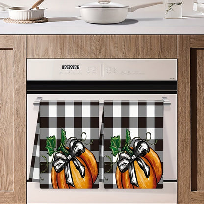 2PCS Vintage Pumpkin Kitchen Towels - Plaid Polyester Dish Cloths for Thanksgiving and Halloween, Machine Washable