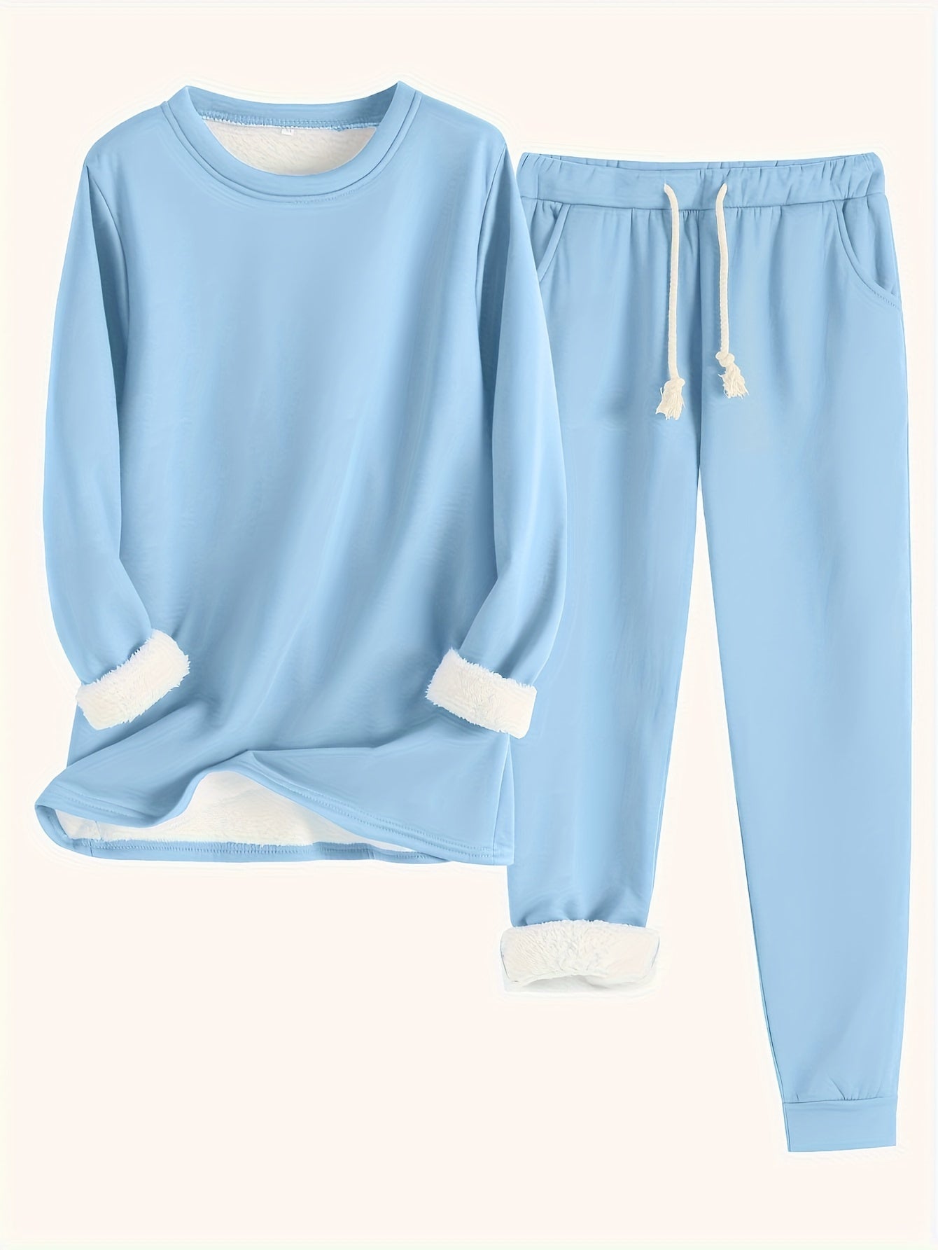 Women's Solid Color Thermal Set – Long Sleeve Sweatshirt & Drawstring Pants Outfit