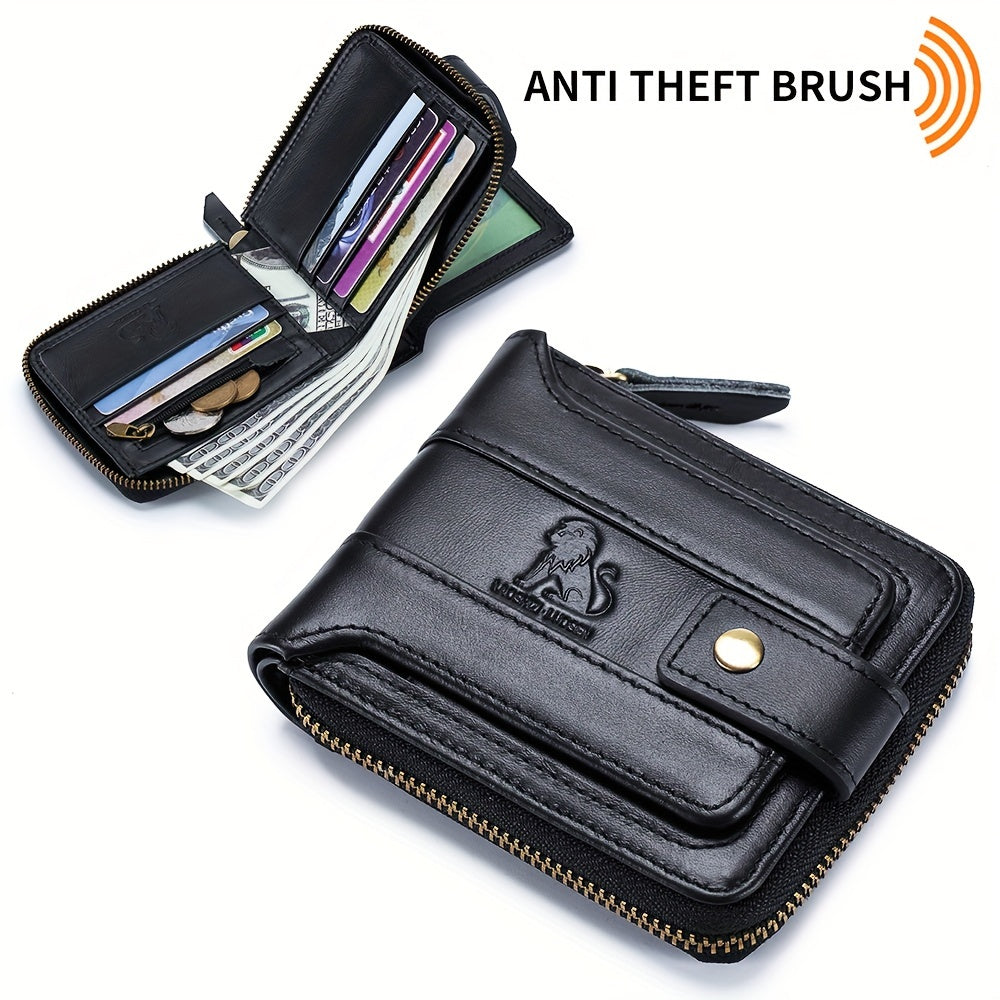 Men's Retro Genuine Leather Multi-Card Wallet with Zip - Large Capacity, Anti-Theft Design