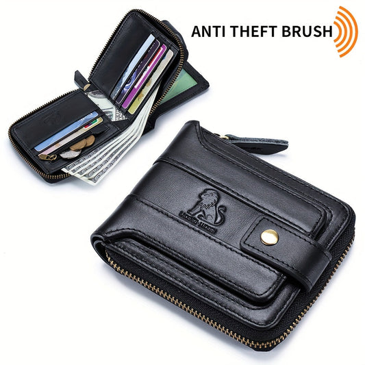 Men's Retro Genuine Leather Multi-Card Wallet with Zip - Large Capacity, Anti-Theft Design