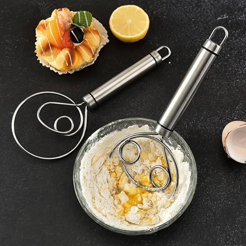 Stainless Steel Dough Mixer and Whisk - Handheld Bread Tool with Dough Scraper - Double Hole Quick Mixing for Cooking, Baking, and Food Trucks