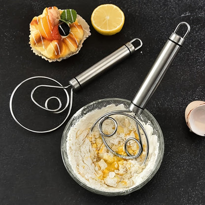 Stainless Steel Dough Mixer and Whisk - Handheld Bread Tool with Dough Scraper - Double Hole Quick Mixing for Cooking, Baking, and Food Trucks