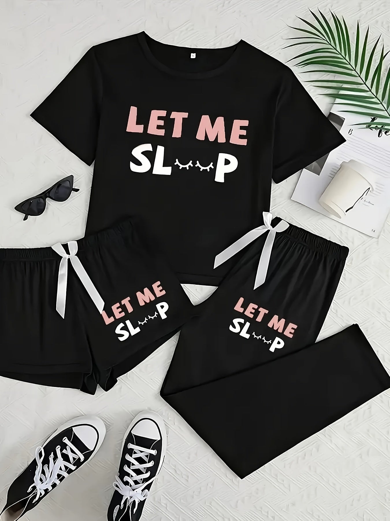 Women's 3-Piece Casual Pajama Set with Letter Print - Includes Short Sleeve Top, Long Pants and Shorts