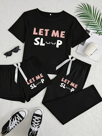 Women's 3-Piece Casual Pajama Set with Letter Print - Includes Short Sleeve Top, Long Pants and Shorts