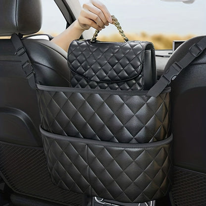 Car Purse Handbag Holder Between Seats – Seat Back Organizer with 3 Pockets and Large Capacity Storage Bag