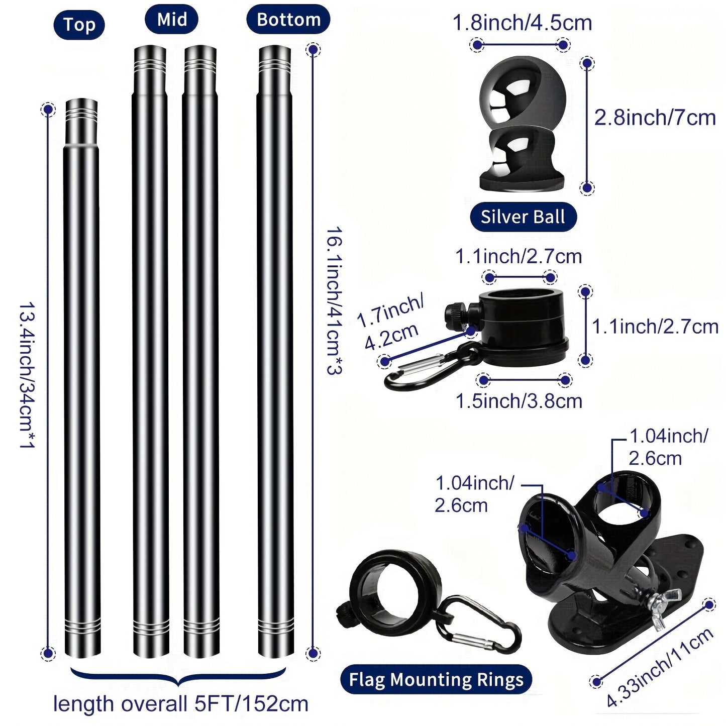 Black 5FT Wall-Mounted Flagpole Kit – Stainless Steel Flag Pole with Bracket & Mounting Rings for Porch, Yard, Garden, Outdoor & Commercial Use (No Flag)