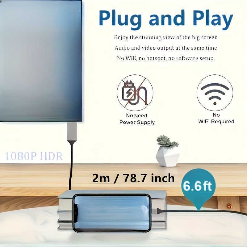 USB 3.1 Type-C to HDTV Adapter Cable - 4K HD Display, 2m/6.6ft, USB-Powered, Direct Phone to TV Connection, No WiFi/Software Required