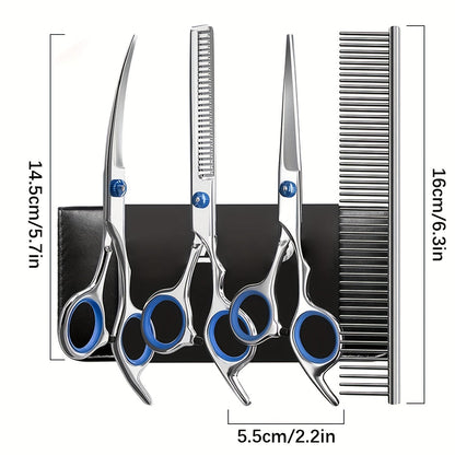 Dog Grooming Scissors Kit - Professional Pet Cleaning & Grooming Set with Safety Round Tip Stainless Steel Shears for Dogs & Cats