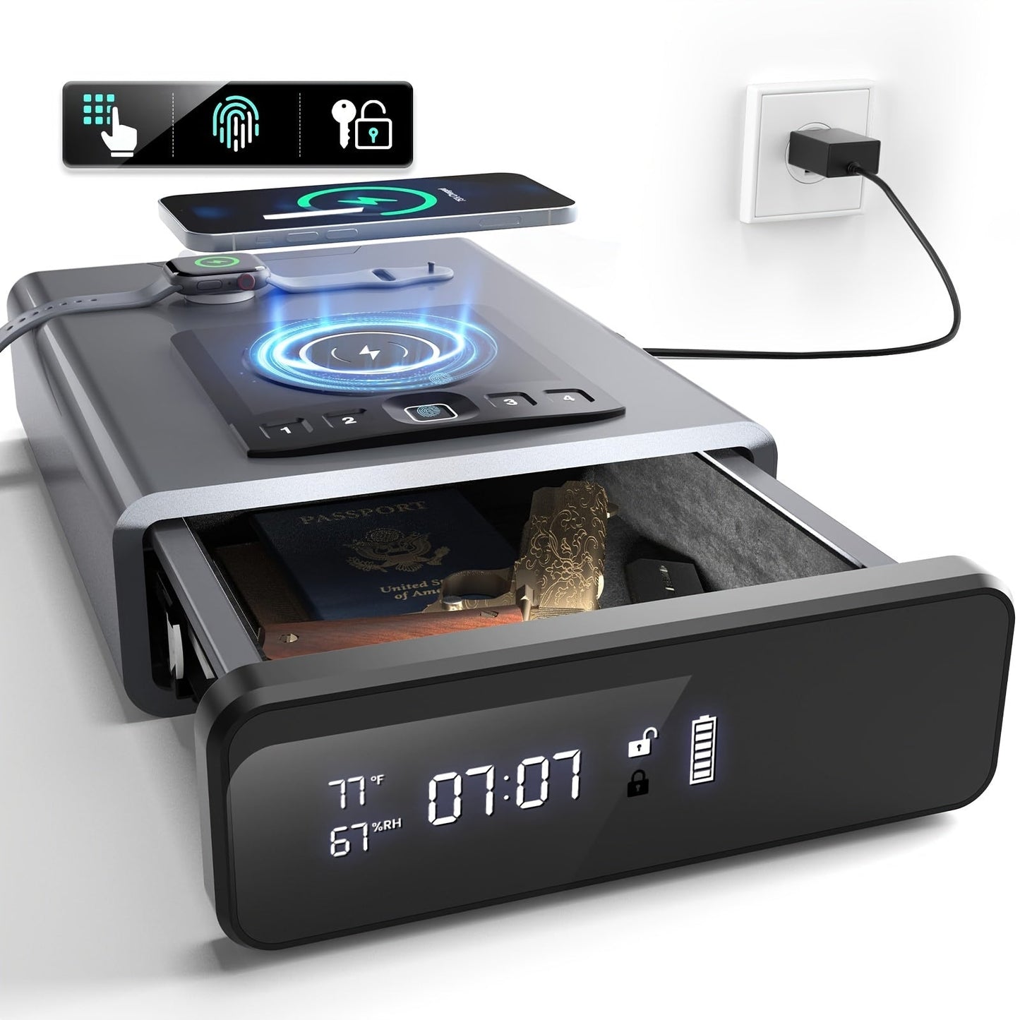 Grimtron Biometric Gun Safe with LED Clock - DOJ Approved Grey and Black Pistol Case with Fingerprint Access, 2 in 1 Watch and Mobile Wireless Charging, Backlit Keypad, LED Light, Safety Cable and Automatic Unlock