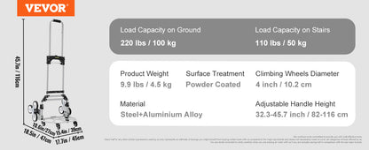 VEVOR Heavy Duty Stair Climbing Cart Trolley - Folding 550/375/220lbs Dual Handle Truck Frame for Warehouse & Airport Use   2/2