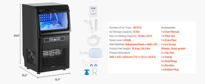 VEVOR Commercial Ice Maker – 100LB/24H, 45 Ice Cubes in 12-15 Mins, Freestanding with LED Display