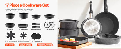 VEVOR 17-Piece Nonstick Granite Cookware Set – Induction Pots, Pans & Frying Tools for Kitchen