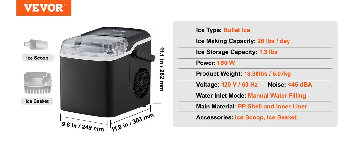 VEVOR Countertop Ice Maker - Self-Cleaning Portable Machine with Ice Scoop & Basket, 2 Sizes Bullet Ice