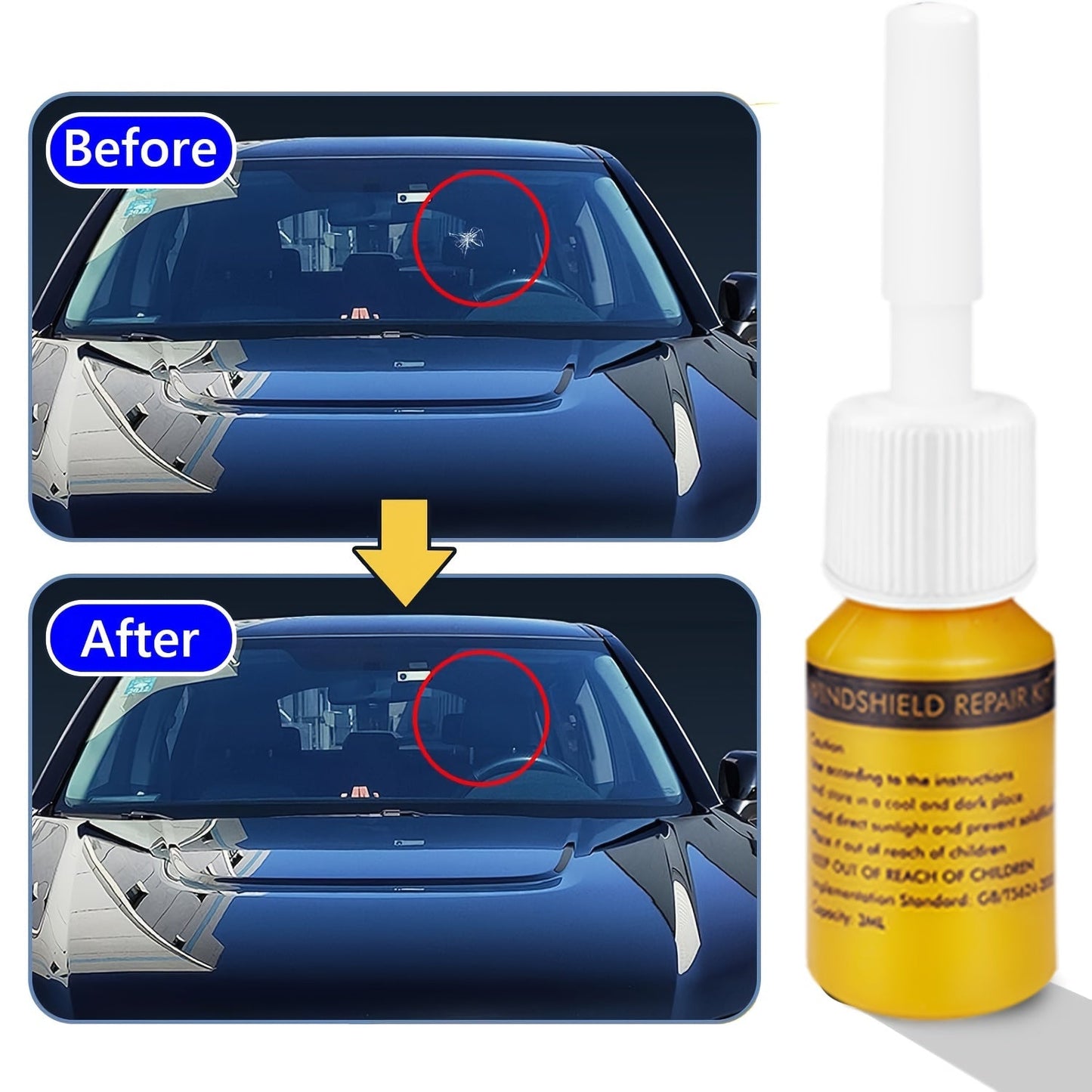 Windscreen Repair Kit - Nano Crack and Chip Repair Fluid, Car Windscreen Tool for Chip and Crack Repair, Yellow