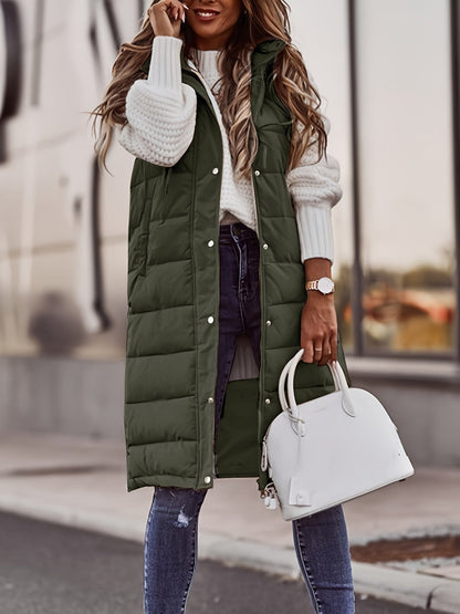Women's Button Front Hooded Coat - Casual Sleeveless Long Length Outerwear