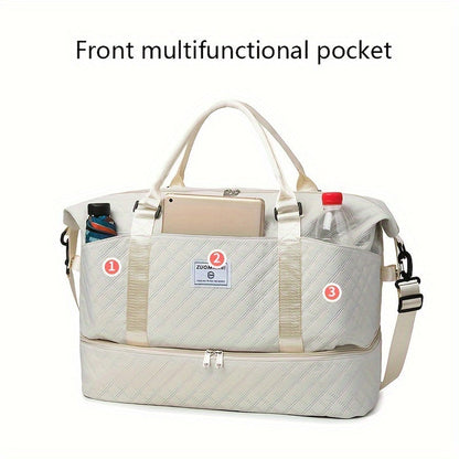 Large Capacity Travel Duffel Bag with Shoe Compartment - Nylon Gym Bag with Cosmetic Pouch, Pull-Out Cover, Hand Washable - Ideal for Weekend and Overnight Trips, Random Print