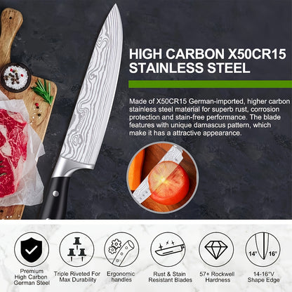 18pcs Kitchen Knife Set with Block & Sharpener Rod - High Carbon Stainless Steel Chef Knives, Ultra Sharp Full-Tang Design for Home Cooking