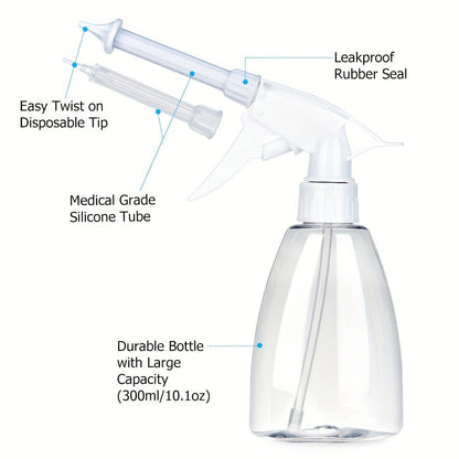 10.14oz Conical Bottle Ear Washing Set - Includes 7 Replacement Heads, Anti-Splash Design, Easy to Use for Daily Home Health Care