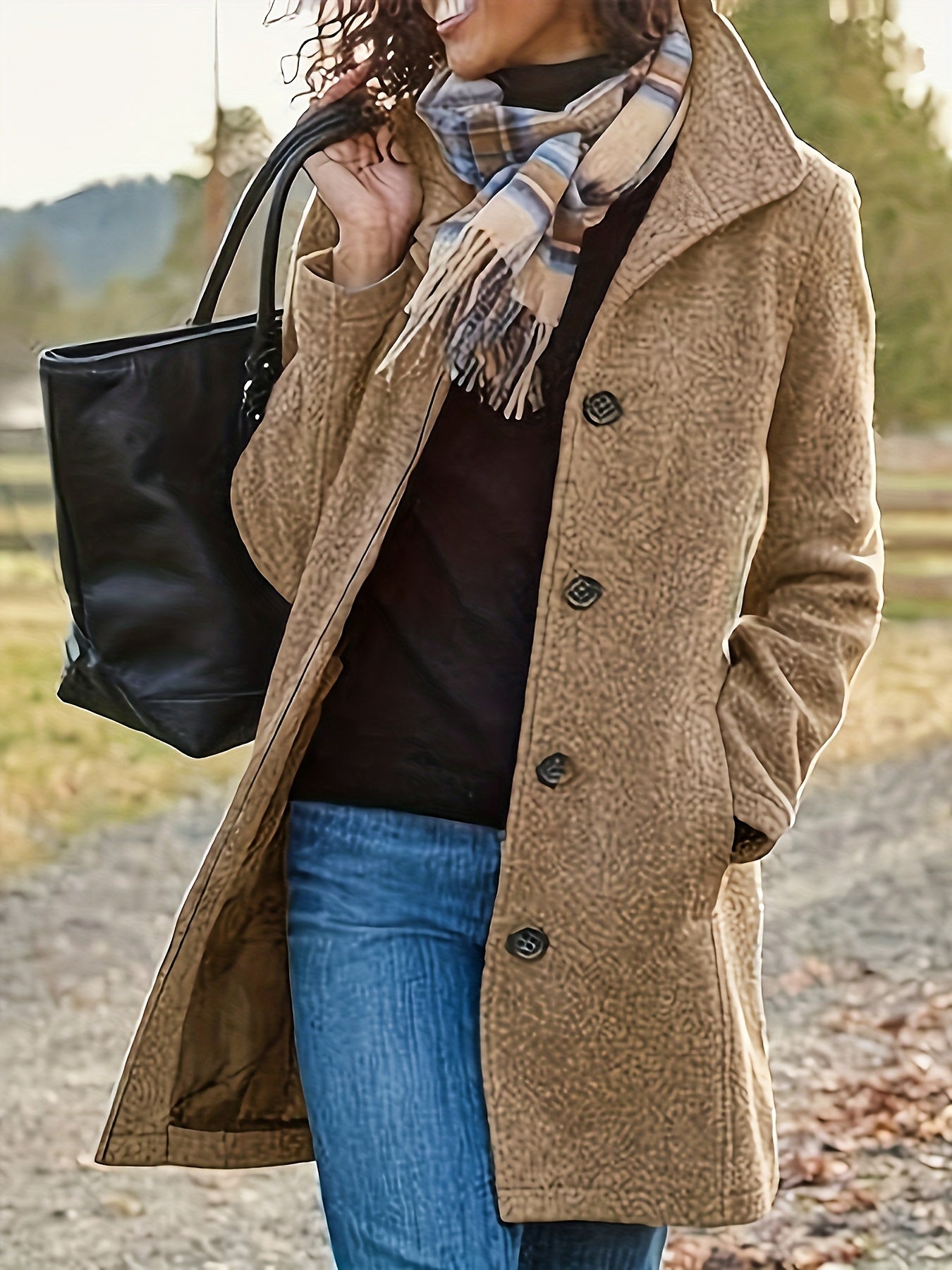 Women's Single-Breasted Overcoat - Solid Color Long Sleeve Casual Outerwear for Fall and Winter