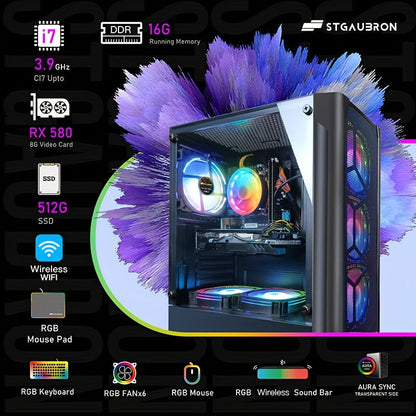 STGAubron Gaming Desktop PC - Intel Core i7 3.4 GHz (Up to 3.9 GHz), Radeon RX 580 8GB, 16GB RAM, 512GB SSD, WiFi, Wireless 5.0, RGB Fans (x6), RGB Keyboard, Mouse and Mouse Pad, RGB BT Sound Bar, Windows 10 Home 64-bit