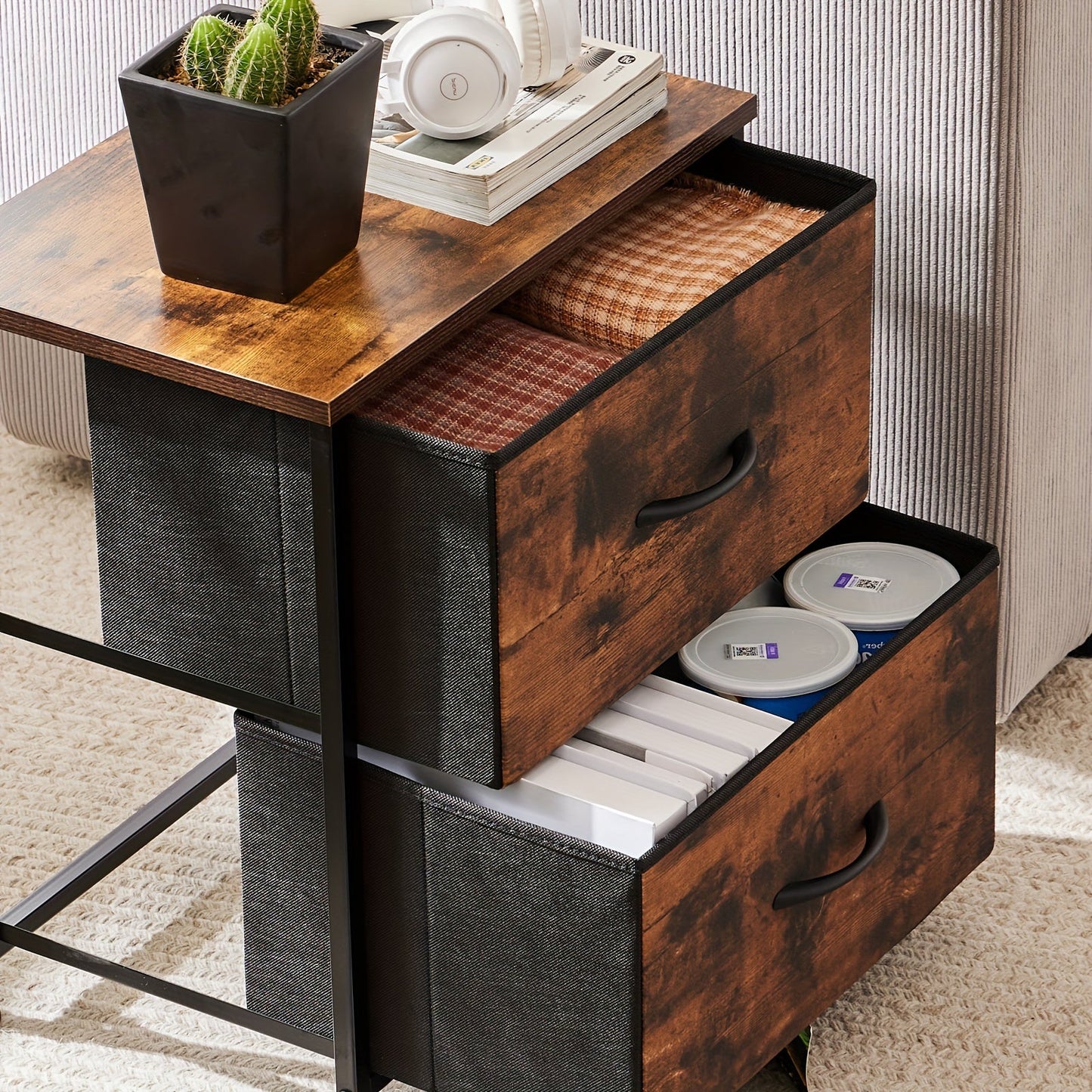 OLIXIS Nightstand with 2 Storage Drawers – 20" Height Small End Table, Wooden Top and Fabric Cabinet Mini Dresser