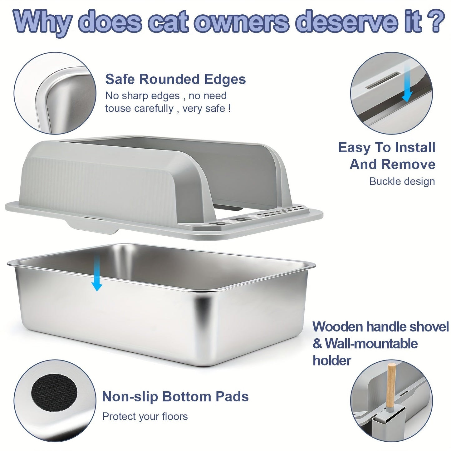 Extra-Large Stainless Steel Cat Litter Box with Lid - Open-Top, High-Sided, Leak-Proof, Easy Clean, Includes Scoop, Durable ABS and Plastic, Odor-Free with Separate Base