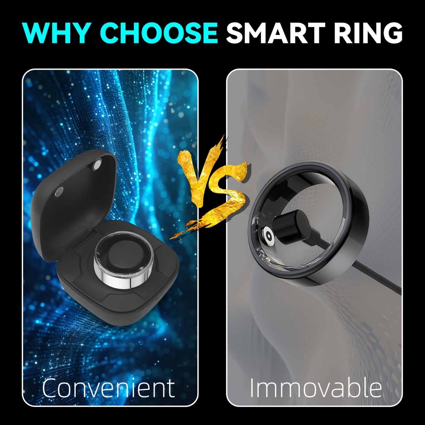 Smart Fitness Ring with Charging Compartment - Tracks Steps, Distance, Calories, Sleep; Compatible with iPhone & Android, Remote Photo Control, Water Resistant, Stylish and Comfortable