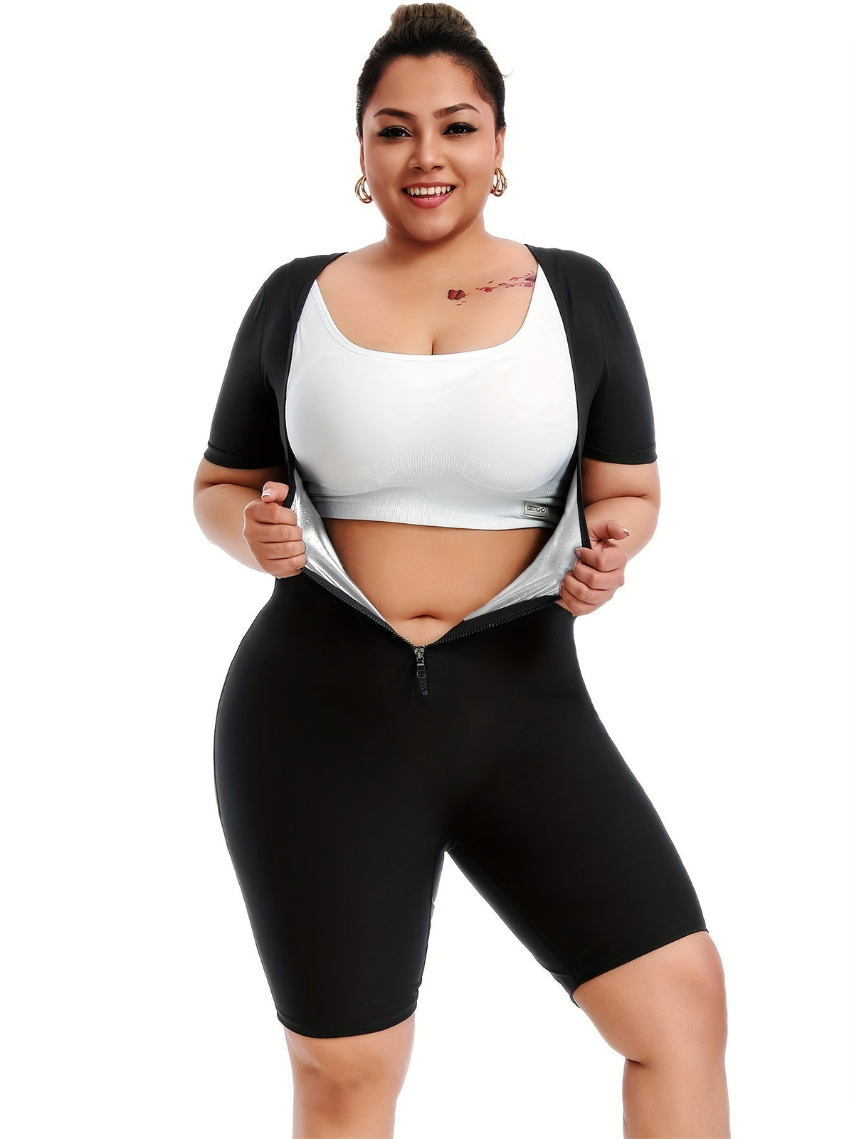 Women's Plus Size Zipper Short Sleeve Sweat Jumpsuit – Running Sweat Fitness Yoga Body Shaper Tunic with Butt Lifting Design