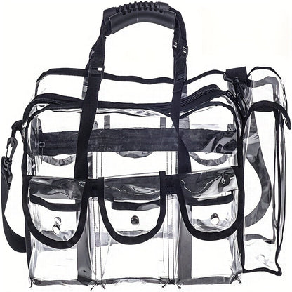 Professional Large Capacity Transparent PVC Makeup Organizer – Waterproof Cosmetic Bag with 6 Pockets and Adjustable Shoulder Strap, Travel-Friendly for MUA and Artists