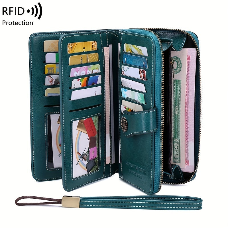 RFID Large Capacity Women's Wallet - Retro Style, Multi-Card, Solid Color with Zipper and Wrist Strap