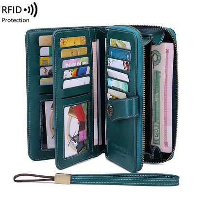RFID Large Capacity Women's Wallet - Retro Style, Multi-Card, Solid Color with Zipper and Wrist Strap