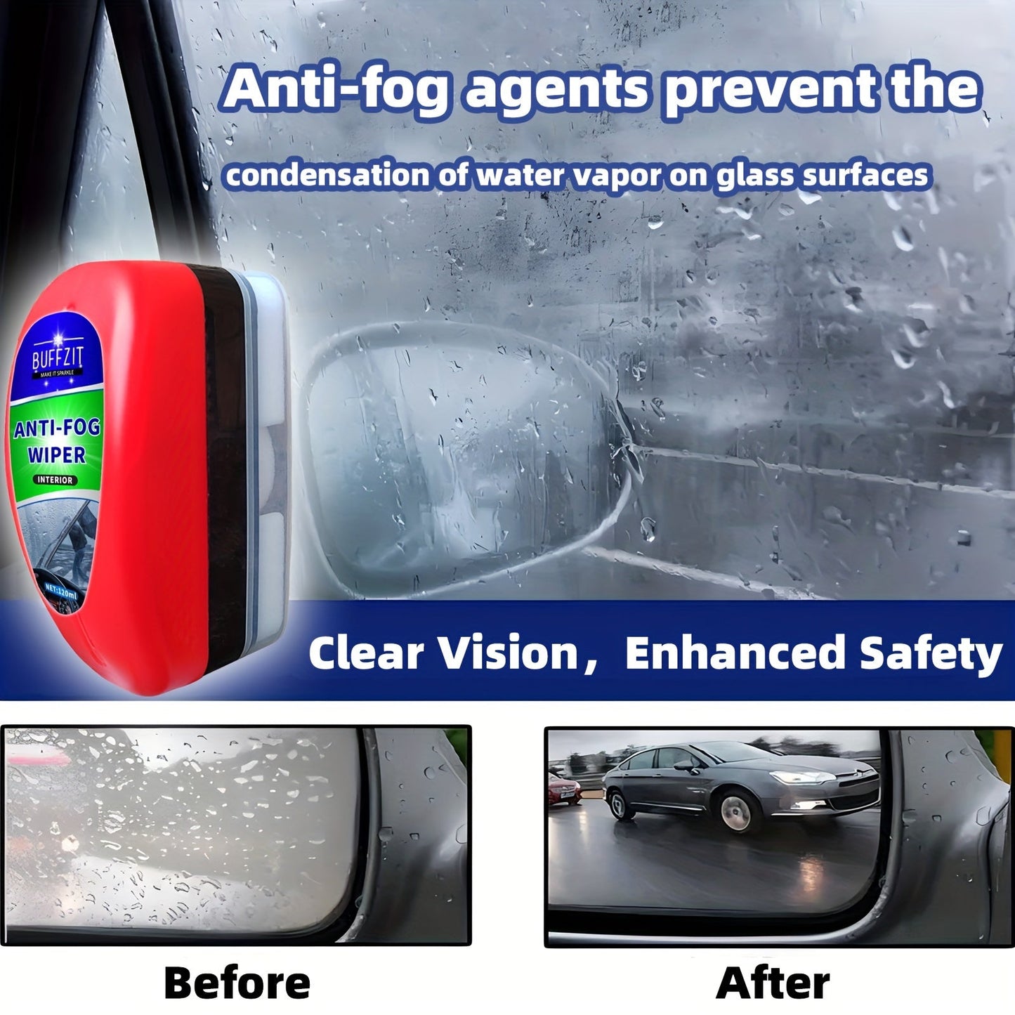 Buffit Anti-Fog Wiper for Car Windows and Mirrors - Universal Spray Alternative, Improves Driving Visibility, Prevents Condensation on Glasses, Goggles & Helmets, 120ml/4oz