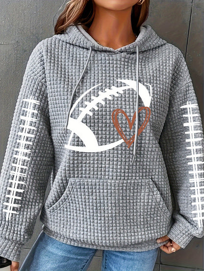Cozy Plus Size Women's Hoodie – Heart Rugby Print, Waffle Knit, Long Sleeve with Drawstring Hood and Kangaroo Pockets, Casual Wear for Curvy Fashionistas
