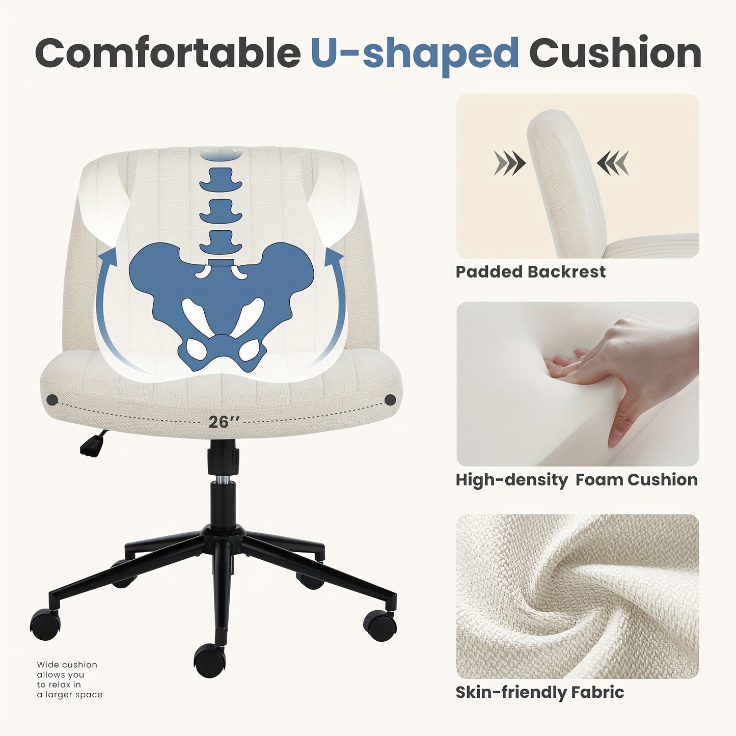 Criss Cross Office Chair with Wheels - Wide Armless Desk Chair, Adjustable Swivel, Comfy for Home and Vanity