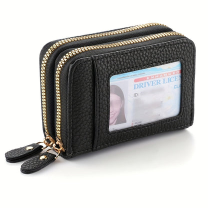DEABOLAR Compact Dual Zipper Wallet - Large Capacity with Clear ID Window and Coin Purse, Black Faux Leather for Men and Women