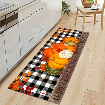 Autumn Pumpkin Print Floor Mat – Thanksgiving Harvest Carpet with Maple Leaf Grid, Anti-Fatigue, Anti-Skid and Washable for Kitchen, Dining Room, Office and Laundry Room