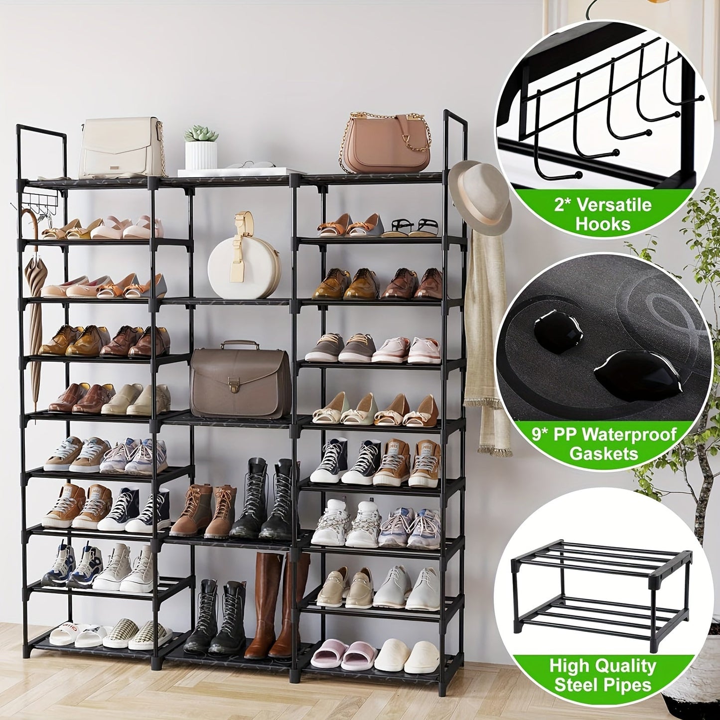 9-Tier Shoe Rack Organizer – Black Metal Shelf, Stackable Design, Holds 50-55 Pairs, Entryway and Bedroom Closet Storage, Dimensions: 129.5x26.9x155.4 cm