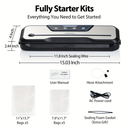 Beelicious Vacuum Sealer Machine Set – Automatic Air Sealing System with Starter Kit, Built-in Cutter, Moist Mode, Air Suction Hose, LED Indicator, Quiet, 50% Compact, 2-Year Warranty, Sous Vide