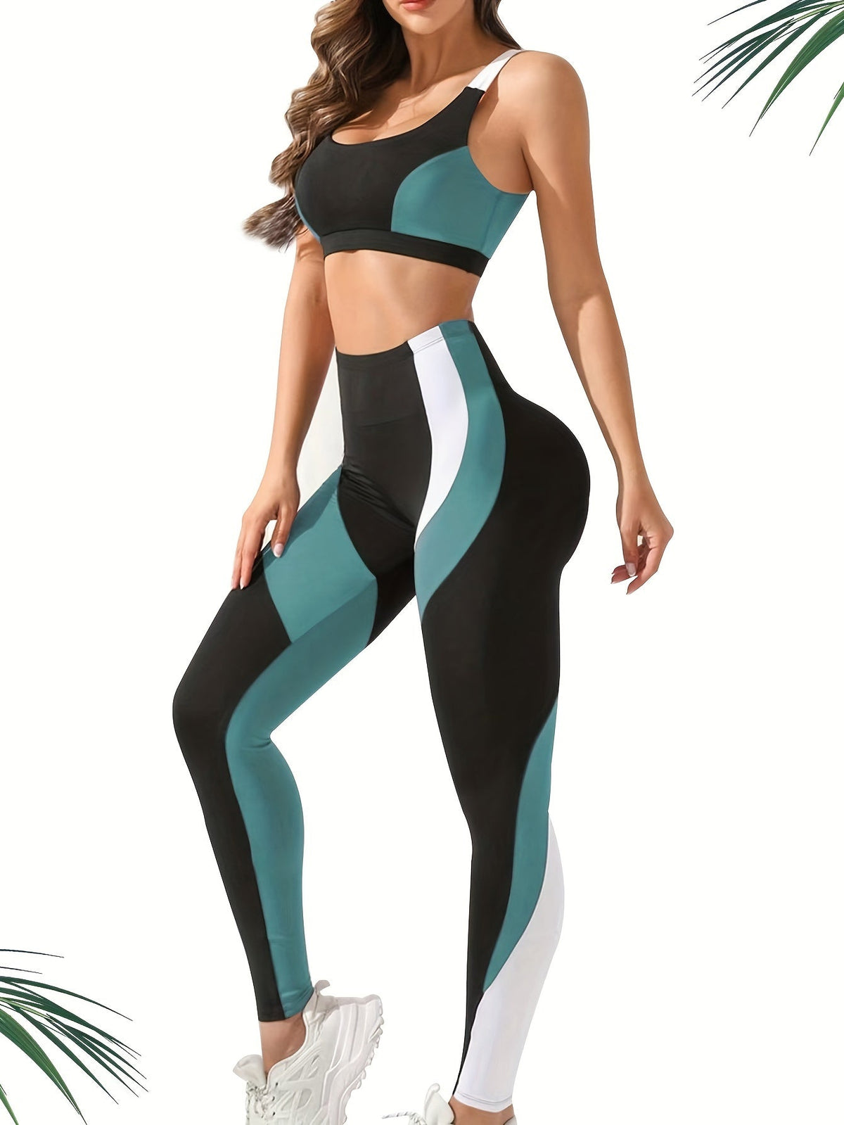 3 Piece Sports Set – Color Block Sports Bra, Drawstring Hooded Tank Top, and Leggings, Women's Activewear