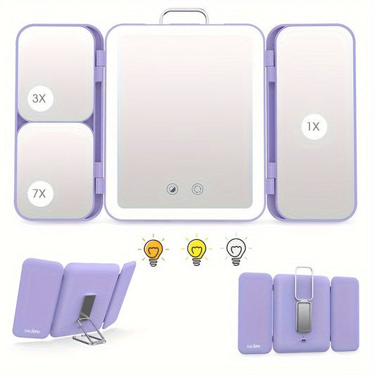 Tri-Fold Vanity Makeup Mirror with 3X & 7X Magnification - 3 Color Light Settings, Touch Sensor, Rechargeable, Portable Travel Design, Smart Dimming - Desktop/Wall Mount, Perfect Gift for Women