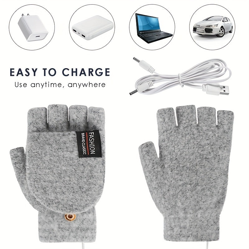 Unisex Washable USB Heated Gloves - Portable Half-Finger Design with Optional Mitten Cover - Ultimate Winter Warmth