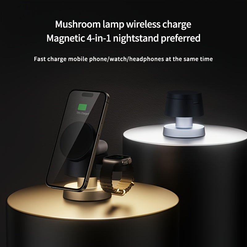TIMESS 15W Magnetic 4 in 1 Wireless Charging Station - USB Type-C Multi-Device Fast Charger for Phone, Watch and Headphones, Includes LED Nightstand Lamp, USB Powered