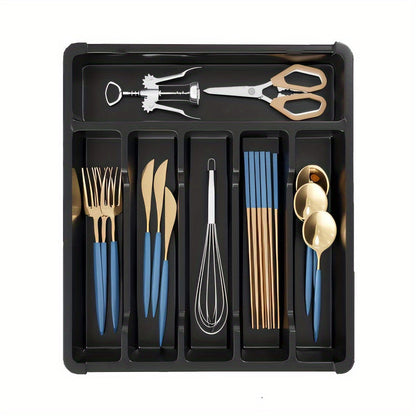 Flatware Organizer Tray – 6 Compartment Plastic Cutlery Holder for Kitchen Drawers – Lightweight Design, Polished Finish – Ideal for Knives, Forks, Spoons and More