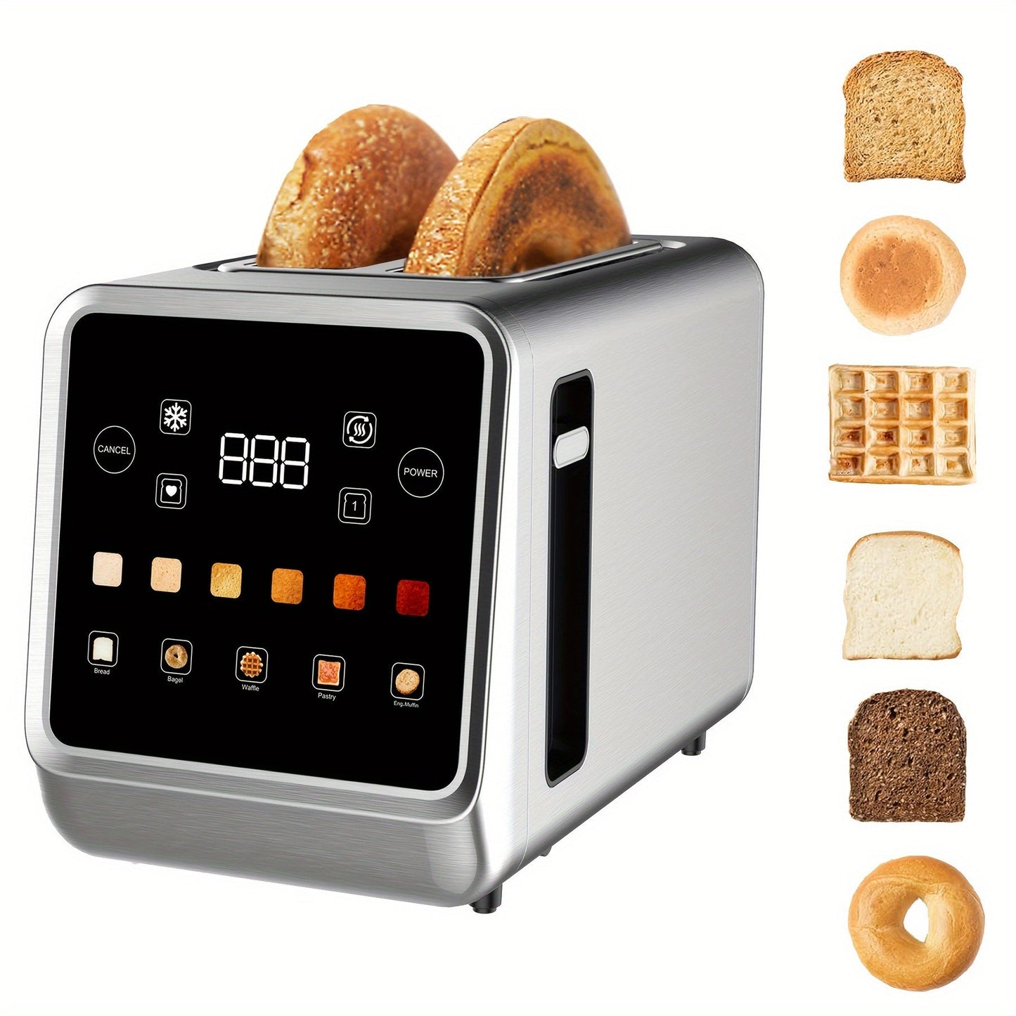 2-Slice Stainless Steel Toaster - Touch Screen Digital Timer, 6 Bread Types and Shade Settings, Bagel, Cancel, Defrost, Memory, 750W-1000W, US Plug
