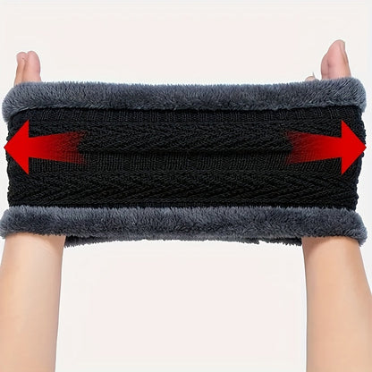 3 Pcs Knit Hat, Neck Warmer and Gloves Set - Thermal Letter Patched Cuff Beanie, Fleece Scarf, and Full Finger Winter Gloves for Men and Women