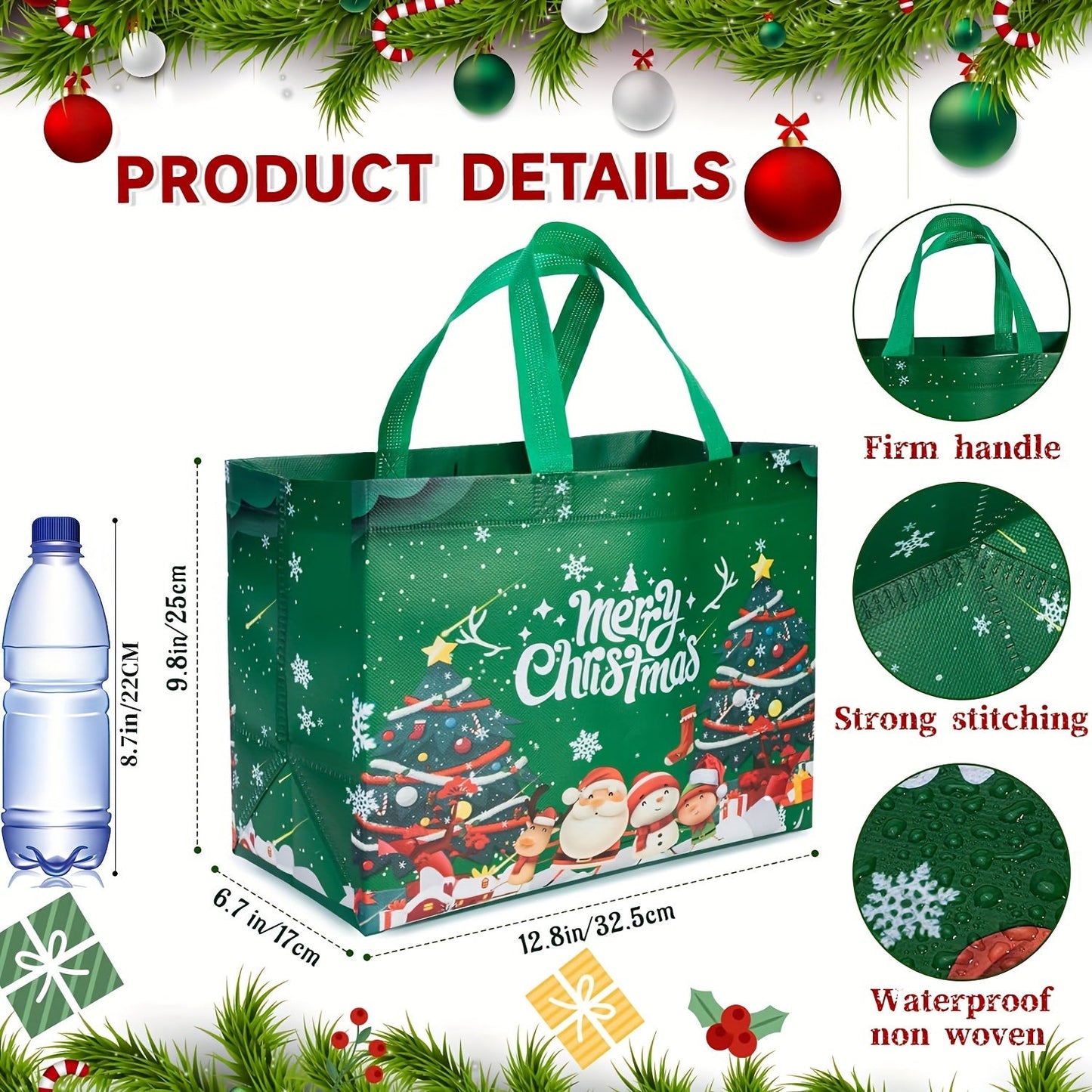 Large Christmas Gift Bags with Handles - 8/16 pcs Reusable Non-Woven Tote Bags, Festive Red/Green/Blue, 12.8"x9.8"x6.7" for Gifts and Decorations