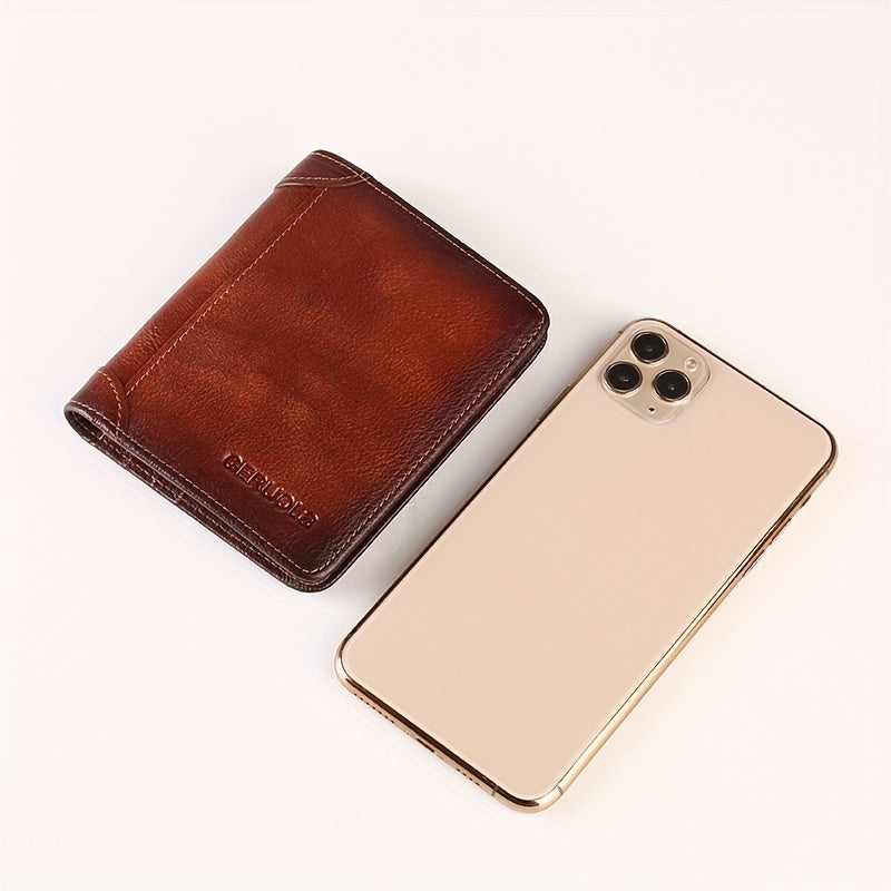 Men's Vintage Top Layer Cowhide RFID Blocking Wallet – Thin, Multi-Function ID & Credit Card Holder, Gradient Design, Perfect for Father's Day Gift