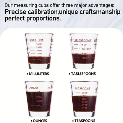 Glass Measuring Cup Set with Scale - Includes 1oz, 2Tbs, 6Tsp, and 30ml, Heavy-Duty and Microwave Safe, Ideal for Espresso, Wine, and More - Essential Kitchen Gadget