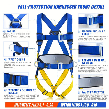 OSHA/ANSI Compliant Full Body Safety Harness - Includes Internal Shock Absorbing Lanyard and Hook, Dorsal D-Ring, Mating Buckle Legs for Roofing and Construction