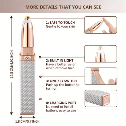 2-in-1 Eyebrow and Facial Hair Removal for Women - Rechargeable Razor and Painless Shaver with Built-in LED Light for Face, Lips, Chin, and Arms